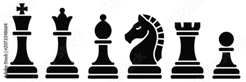 Fotografia black chess piece silhouettes, king queen rook bishop knight and pawn icons, traditional board game strategy symbols, minimalist vector design for gaming and competition concepts