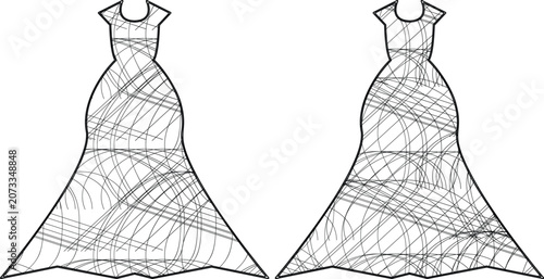 Foto Fashion design technical flat sketch of a mermaid gown with overlapping curved c