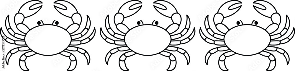 Fototapeta premium Three crabs walking side by side line drawing