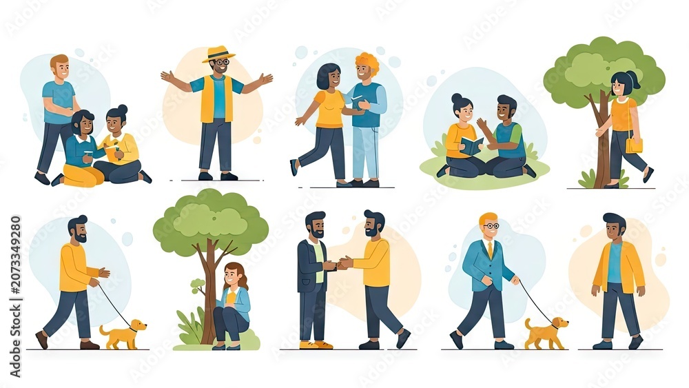 Fototapeta premium Diverse people interacting in various scenes illustrating relationships and activities