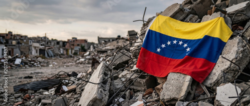 Venezuelan flag lying on collapsed concrete debris from destroyed building. Aftermath of severe earthquake catastrophe. National tragedy and humanitarian crisis in disaster zone.