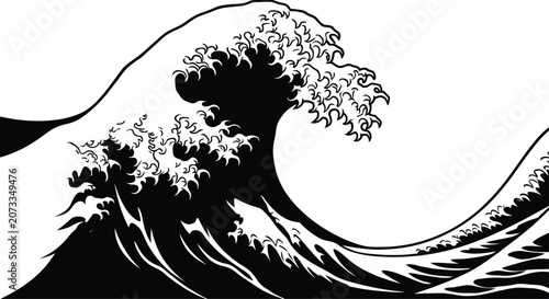 Картината върху платно Retro monochrome ocean wave panoramic banner abstract sea foam water splash vector, minimalist surf line art background, linocut coastal nature layout