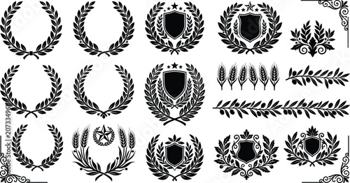 Canvastavla Vintage award wreath collection with medieval heraldry crest shields and wheat stalks vector, premium luxury emblem laurel set, royal championship badge
