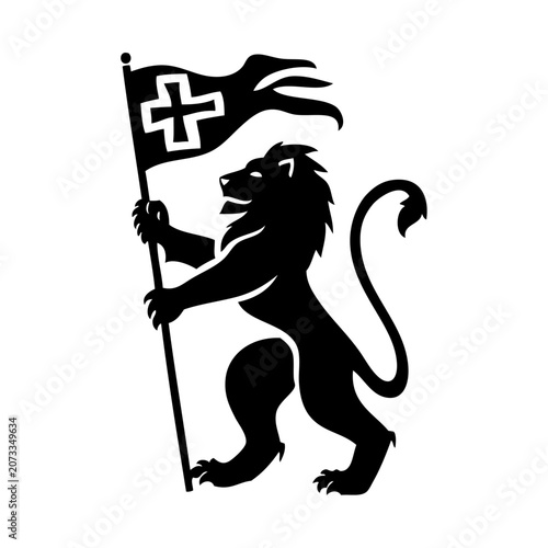 Black lion holding a flag with a white cross isolated on white background