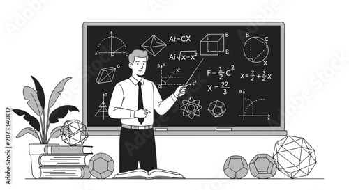 Male teacher pointing at complex mathematical equations and geometric shapes on a large blackboard in a classroom setting.
