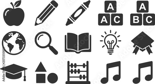 Fotografie Fundamental school icons for early learning featuring alphabets globes and basic