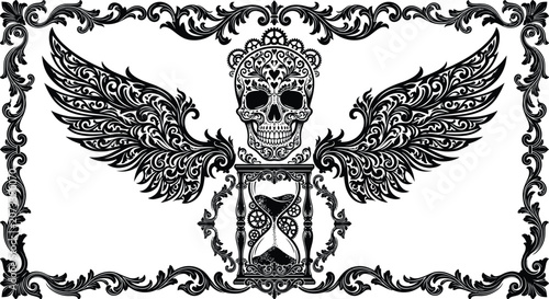 Obraz na płótnie Vintage baroque memento mori emblem with winged skull and hourglass vector, ornate gothic filigree border set, dark mystic engraving ornament bundle