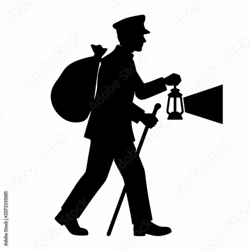 Valokuva Traveler silhouette, man with backpack and lantern, walking, vintage explorer, a