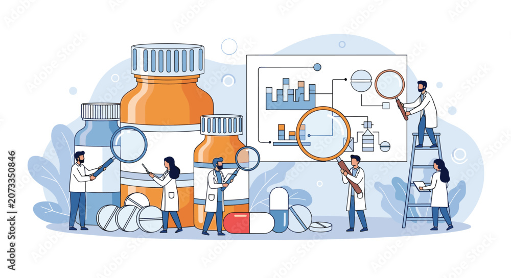 Fototapeta premium Group of tiny scientists conducting research and experiments around giant medicine bottles and pills in a pharmaceutical laboratory.