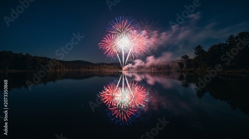 Vibrant colorful fireworks display exploding over a calm dark lake mirroring the brilliant light patterns under a clear starry night sky during a festive summer celebration