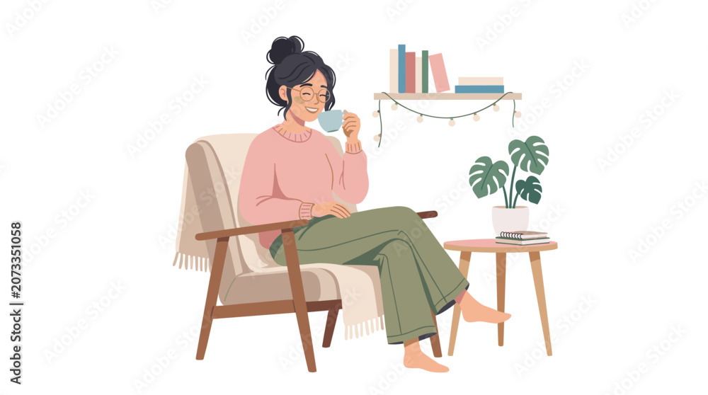 Fototapeta premium Woman sitting comfortably in a modern living room with plants and books