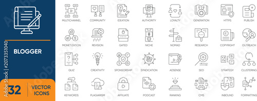 Blogger Icon Set. Containing Blog, Forum, Blogging, WWW, Discussion, Article and more. Editable vector Line icons collection.