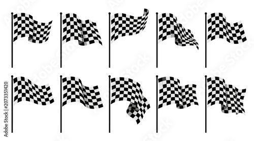 Foto Checkered racing flags waving on black poles in various positions