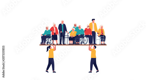 Two young caregivers lift a wooden platform supporting a diverse group of senior citizens to symbolize community elder care.