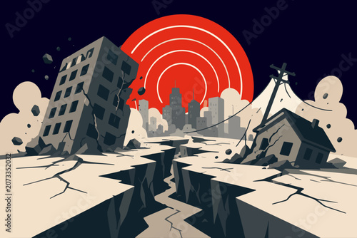 Tableau sur toile Earthquake Disaster Urban Destruction Vector Illustration