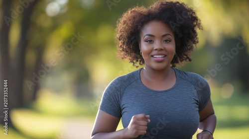 Smiling woman jogging outdoors in golden sunlight
