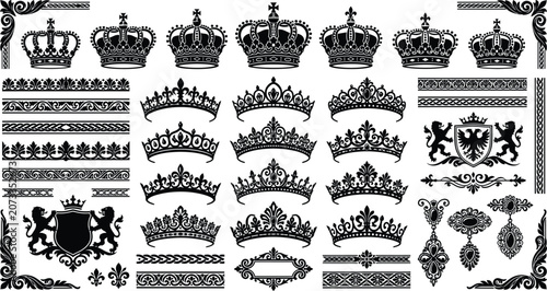 Fotografie Luxury baroque design asset bundle with imperial crown, fleur-de-lis dividers, and corners vector, vintage heraldic filigree ornament set, ornate border collection