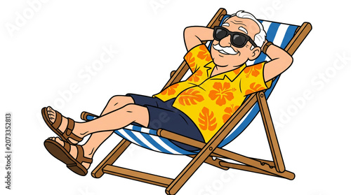 Relaxing Man Lying on Beach Chair Wearing Sunglasses and Tropical Shirt in Sunny Outdoor Setting