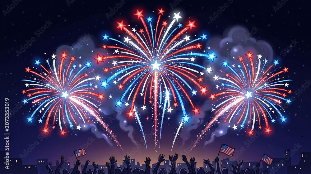 Obraz premium Patriotic fireworks display in red white and blue colors, festive Fourth of July celebration with star shaped pyrotechnics, crowd cheering at night