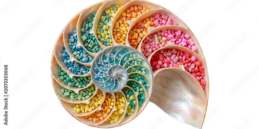 Naklejka premium Vibrant Nautilus Shell Nature's Spiral Filled with a Rainbow of Tiny Orbs, a Display of Organic Design
