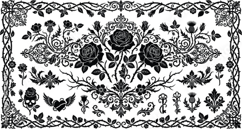Принти на полотні Vintage gothic rose and filigree vector elements set with floral frame borders, dark romantic baroque ornament collection, mystic luxury plant emblem
