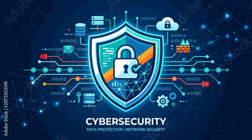 Flat vector cybersecurity shield, data protection and network security


