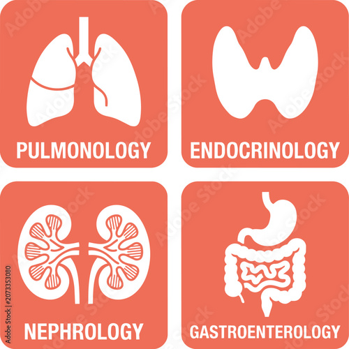 Konstfotografi Medical specialty clinic hospital signage icon set, flat vector purple signs pac