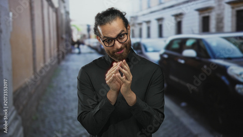 Obraz na plátně Man with glasses rubbing fingers together in black shirt on cobblestone street; scheming slyness cunning intent