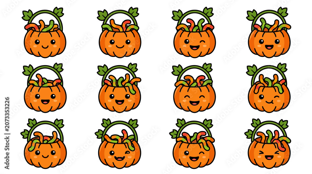 Fototapeta premium A digital illustration of twelve smiling pumpkins with baskets filled with candy on a white background yu 213