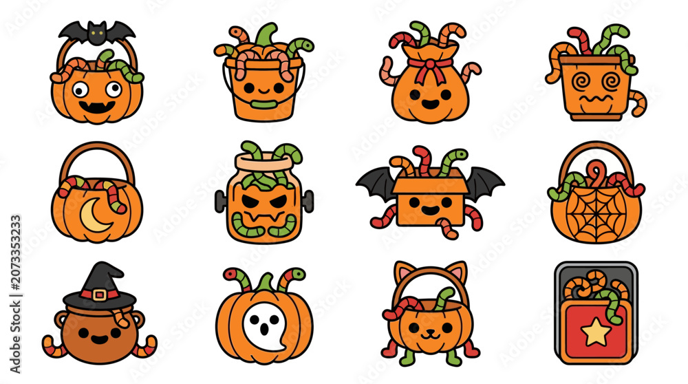 Fototapeta premium Halloween treats are collected in decorated pumpkin baskets and cauldrons with candy.