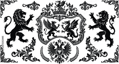 Photos Heritage royal emblem bundle with imperial crowns, baroque filigree corners, and mythical beasts vector, luxury vintage coat of arms crest set, ornate shield collection