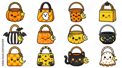 Halloween trick-or-treat bags with spooky designs and cute faces are displayed.