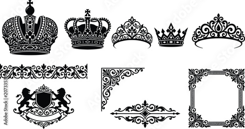 Fotografie Heraldic crest and royal crown vector elements set with vintage luxury borders, baroque coat of arms ornate emblem asset collection, imperial gold ornament