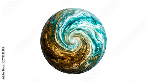 Marbled sphere with swirling blue and gold patterns