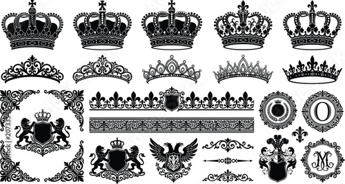 Foto Ornate medieval coat of arms asset collection with shields, tiaras, and lions vector, vintage heraldic crest set, royal empire emblem graphics