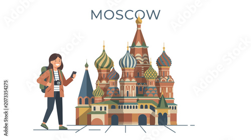 Woman traveler with camera and phone at Saint Basil's Cathedral in Moscow