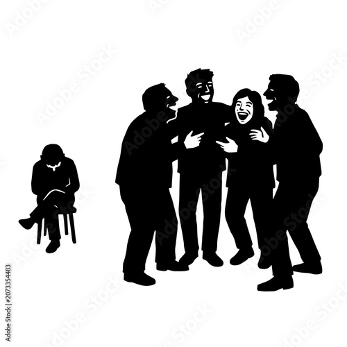 Fényképezés Silhouette of a sad lonely person sitting apart from a laughing group of friends