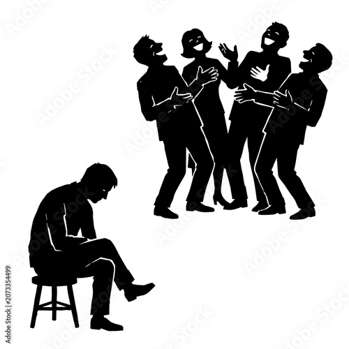 Photos Group of people laughing together while a sad man sits alone on a stool