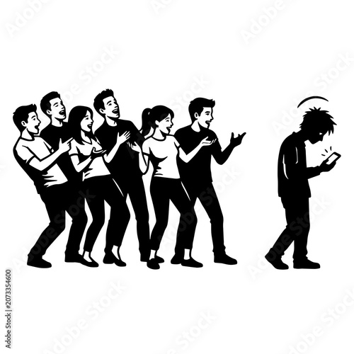 Obraz na płótnie Silhouette group of friends pointing and laughing at an isolated man