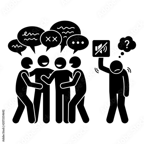 Foto Stressed person holding silent sign while group of people keep talking loud