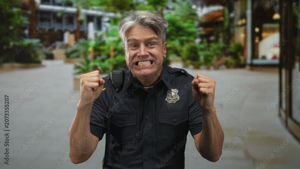 Naklejka premium Police officer man clenches hands into fists near chest, then presses palms together, badge and shoulder radio visible in indoor mall building atrium; celebration relief.