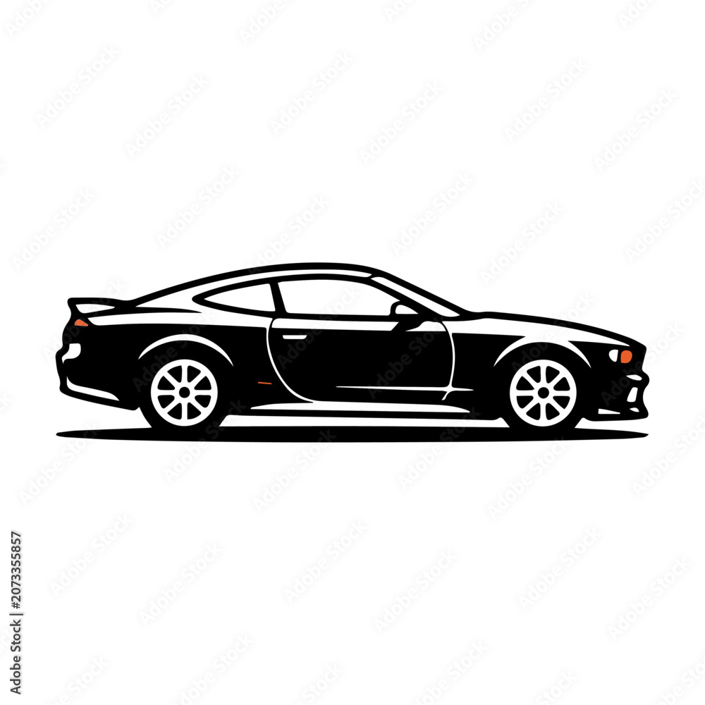 Naklejka premium Black Luxury Sports Car Vector Illustration Isolated on White Background Fast Shiny Automobile Vehicle Design with Wheels and Premium Performance Style Concept