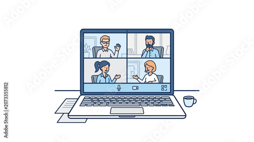 Online Meeting on Laptop Screen: Diverse Team Collaborating Remotely