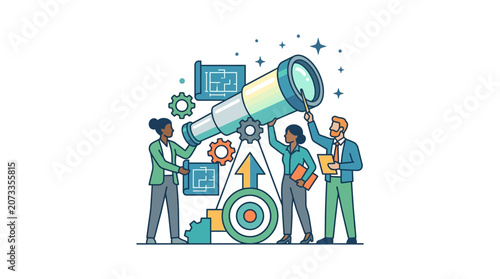 Team with telescope, blueprints, gears, and target for future vision and planning