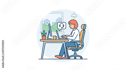 Woman working from home on laptop and computer, headset icon, illustration