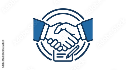 Business handshake agreement icon with contract and pen, partnership concept