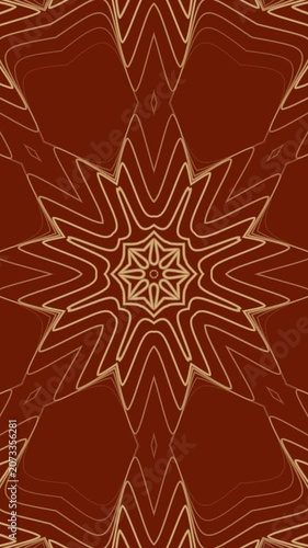 Vertical Symmetrical copper brown mandala pattern suitable for home decor, textiles, packaging, and stationery with delicate golden lines and intricate design.