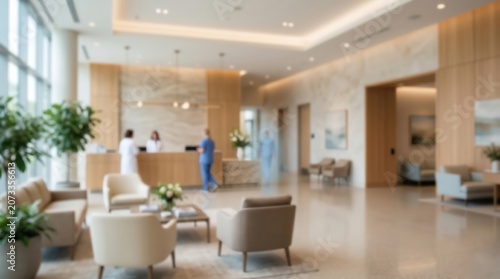 Blurred hospital lobby medical reception area healthcare center interior modern clinic waiting room staff professional background