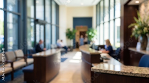 Blurred office lobby reception area hospital waiting room modern interior medical clinic background corporate business professional workspace