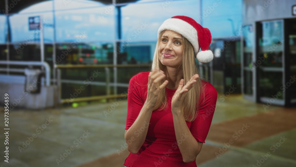 Fototapeta premium Blonde woman wearing a santa hat clasping hands near her chest with a nervous smile at an airport entrance; holiday anxiety.